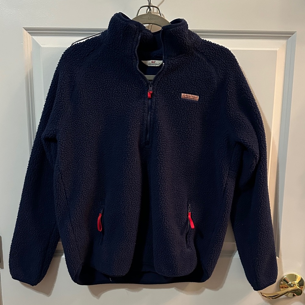Vineyard Vines Navy Fleece Quarter Zip Pullover with Red Accents WMNs S